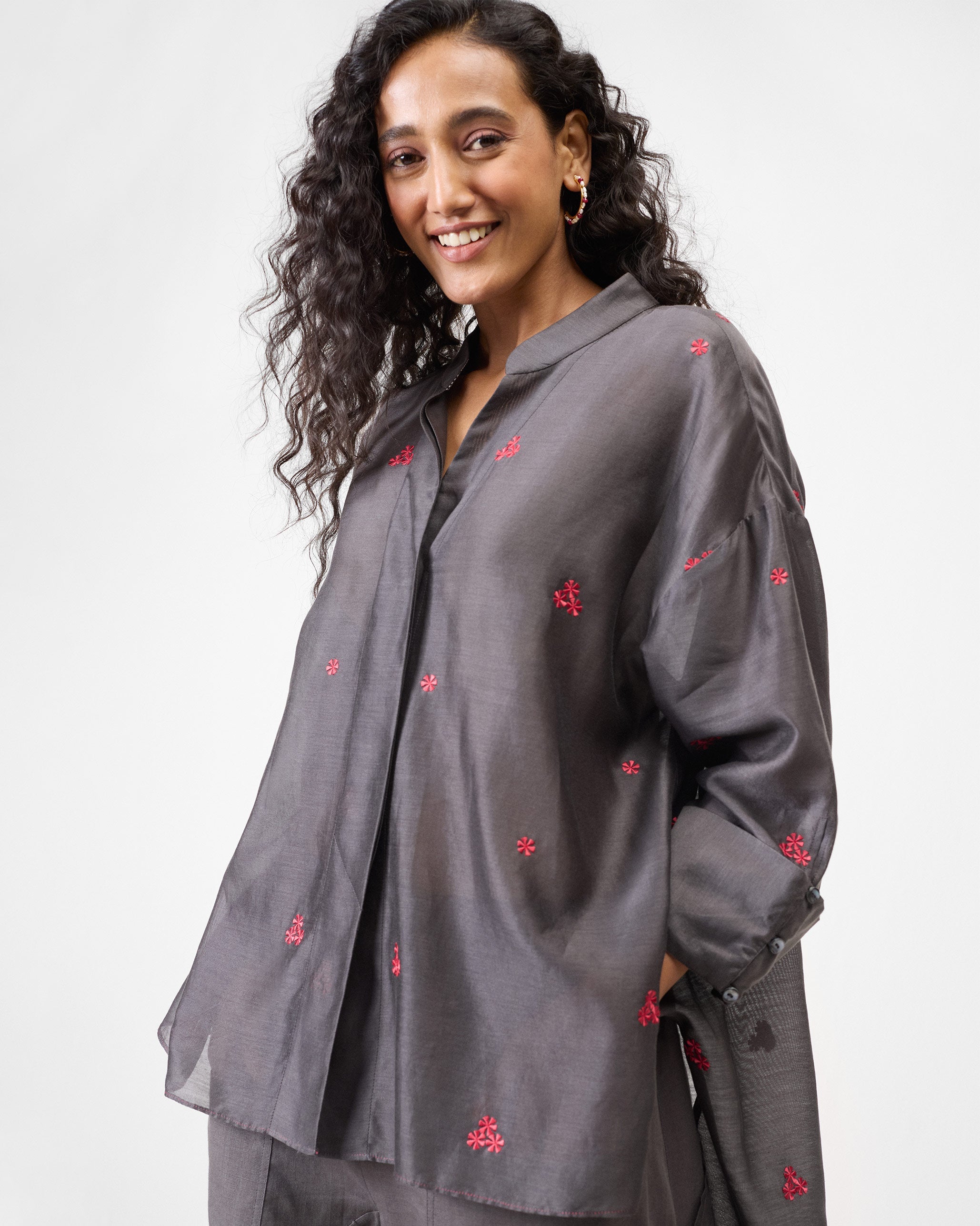 Cirrus Shirt - Charcoal & Watermelon Embroidered