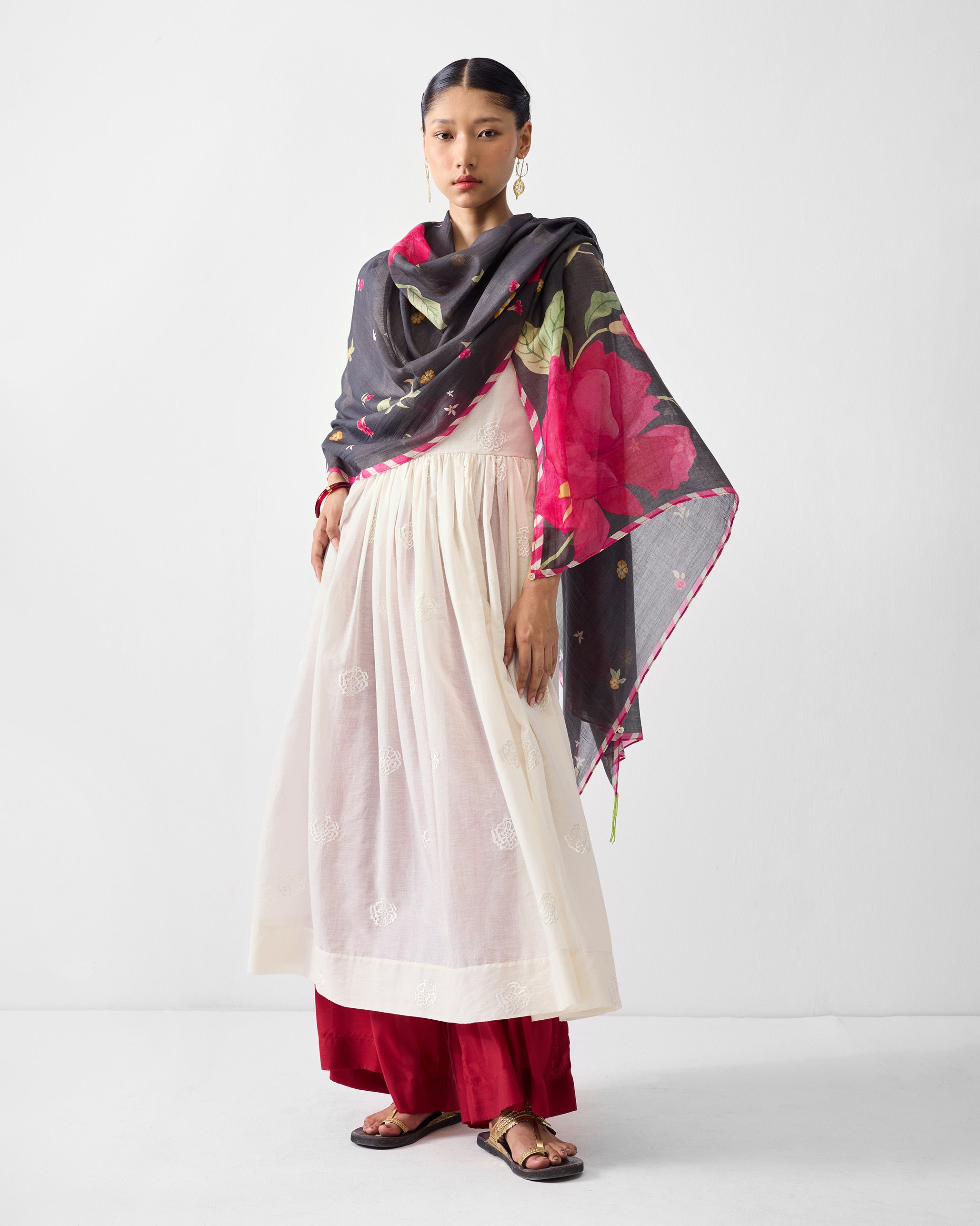 Kaveri Dupatta - Charcoal & Watermelon Print