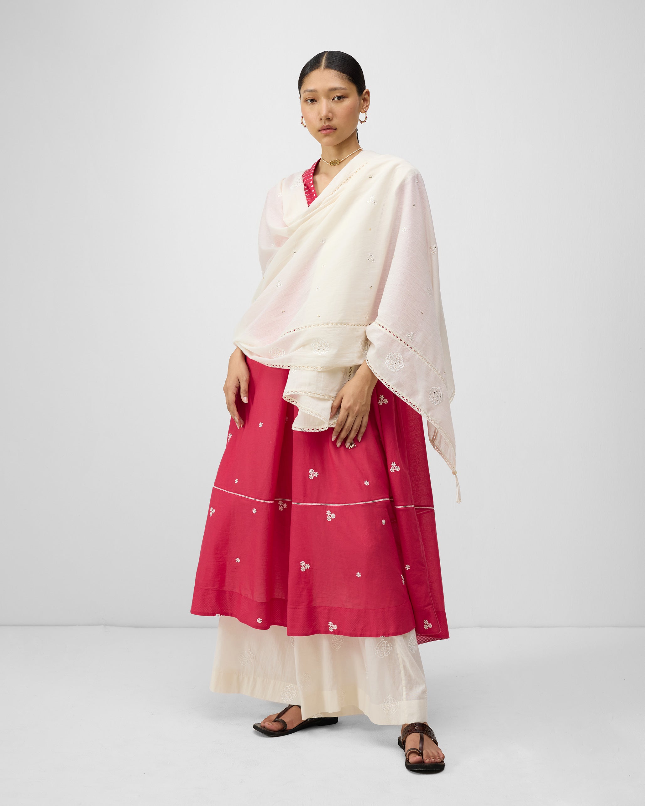 Mariegold Dupatta - Ivory Embroidered