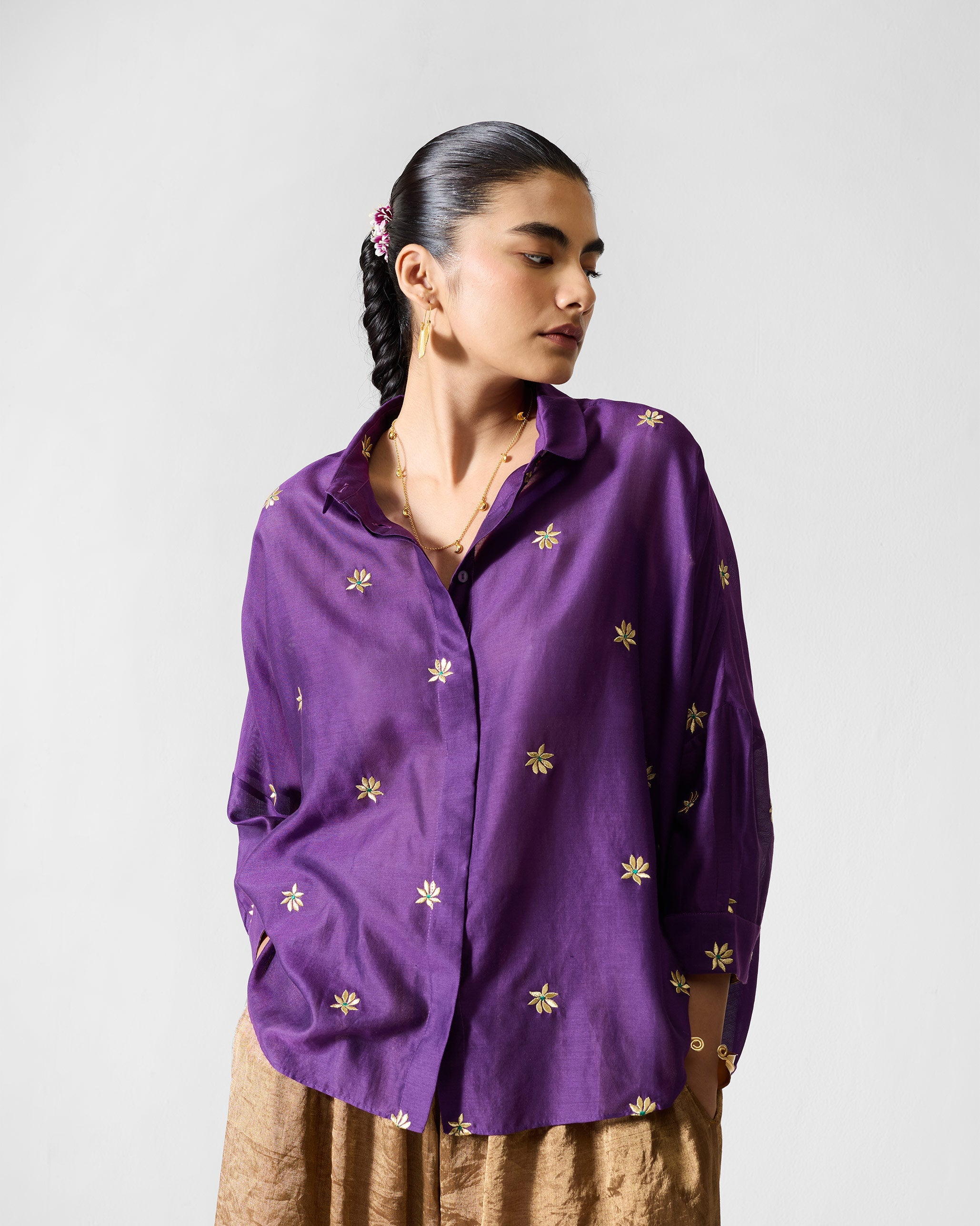 Boxy Shirt - Purple & Gold Embroidered