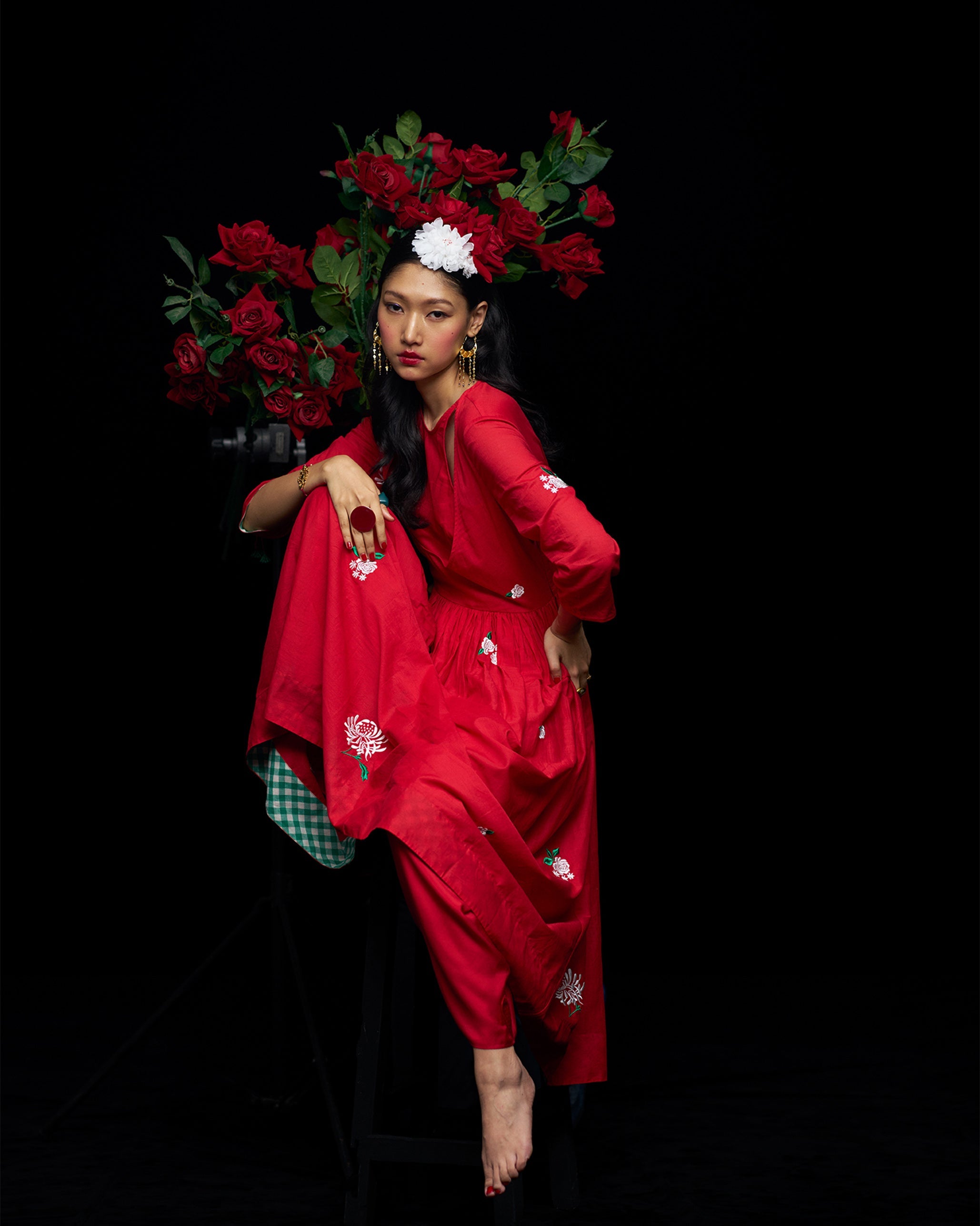 Fit & Flare Angrakha - Red & Ivory Embroidered