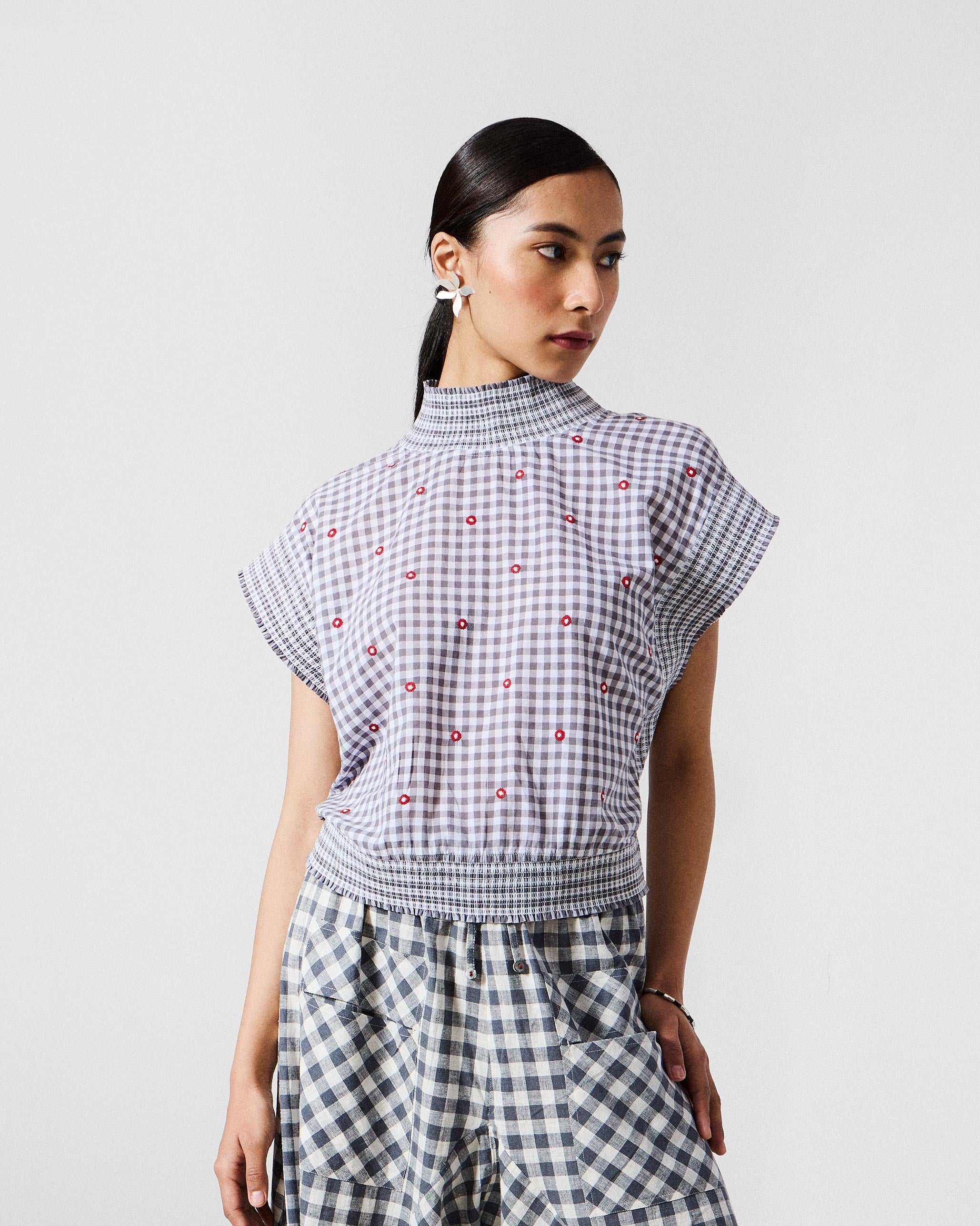 Lehar Top - Grey & White Embroidered