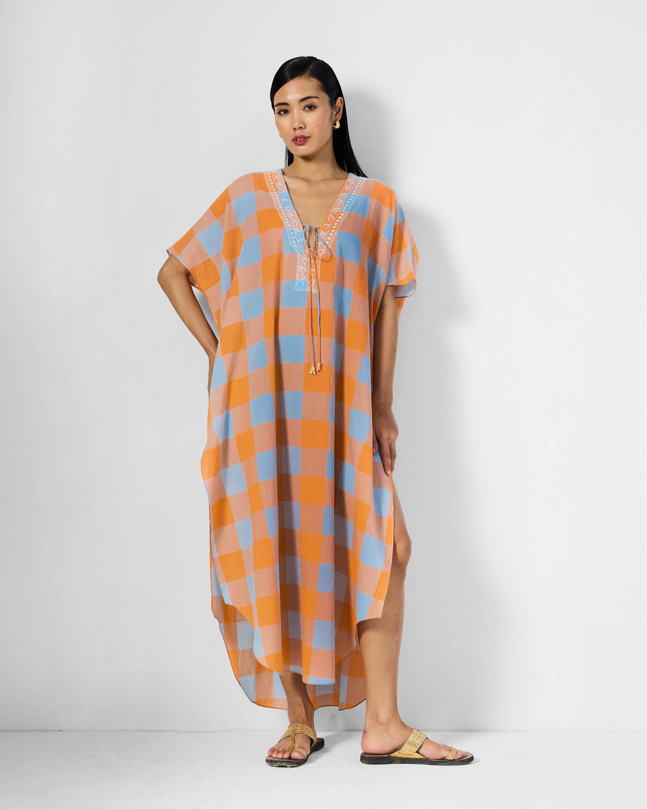 Vaya Kaftan - Orange & Ice Blue Checks