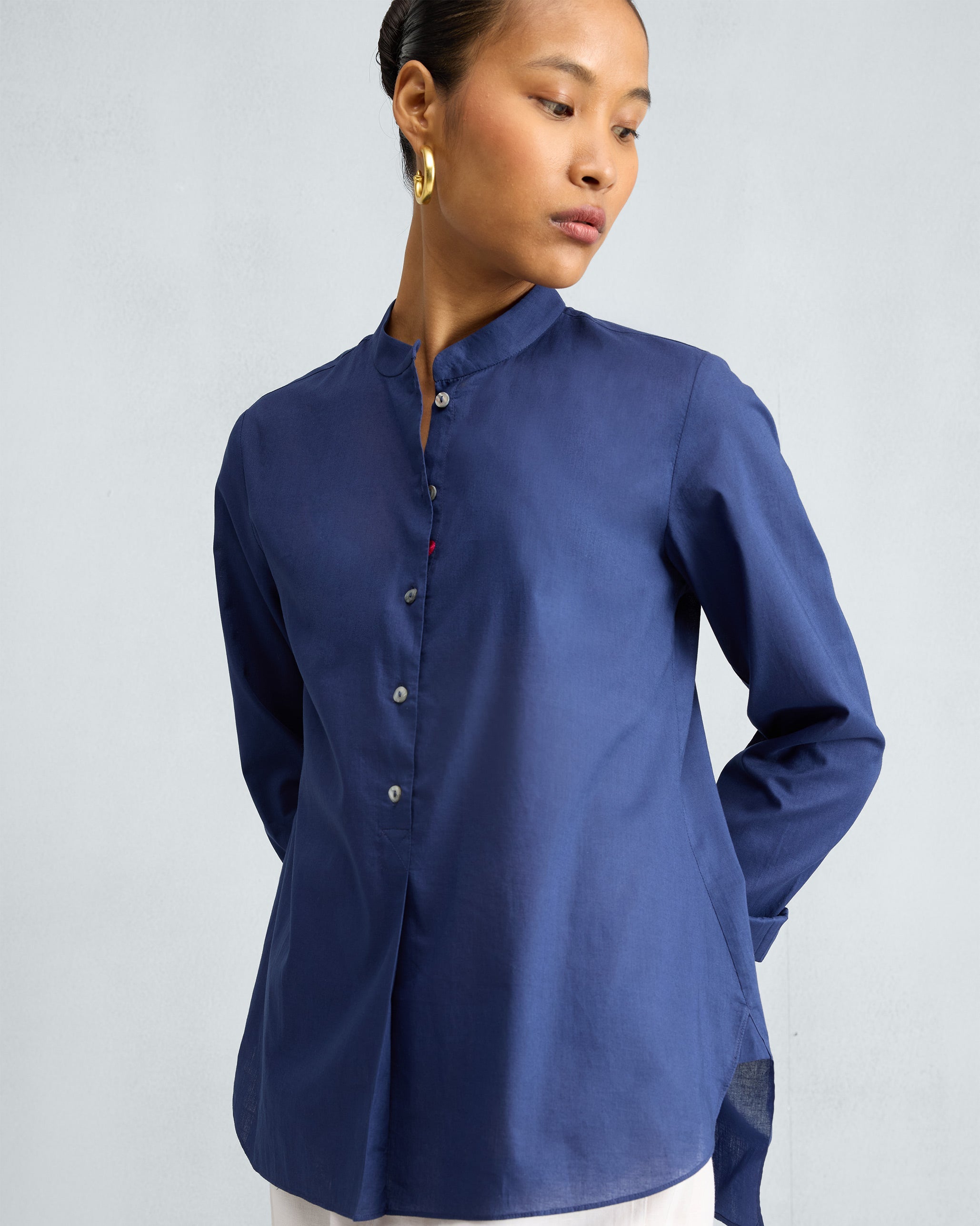 Mandarin Collar Top - Ink Blue