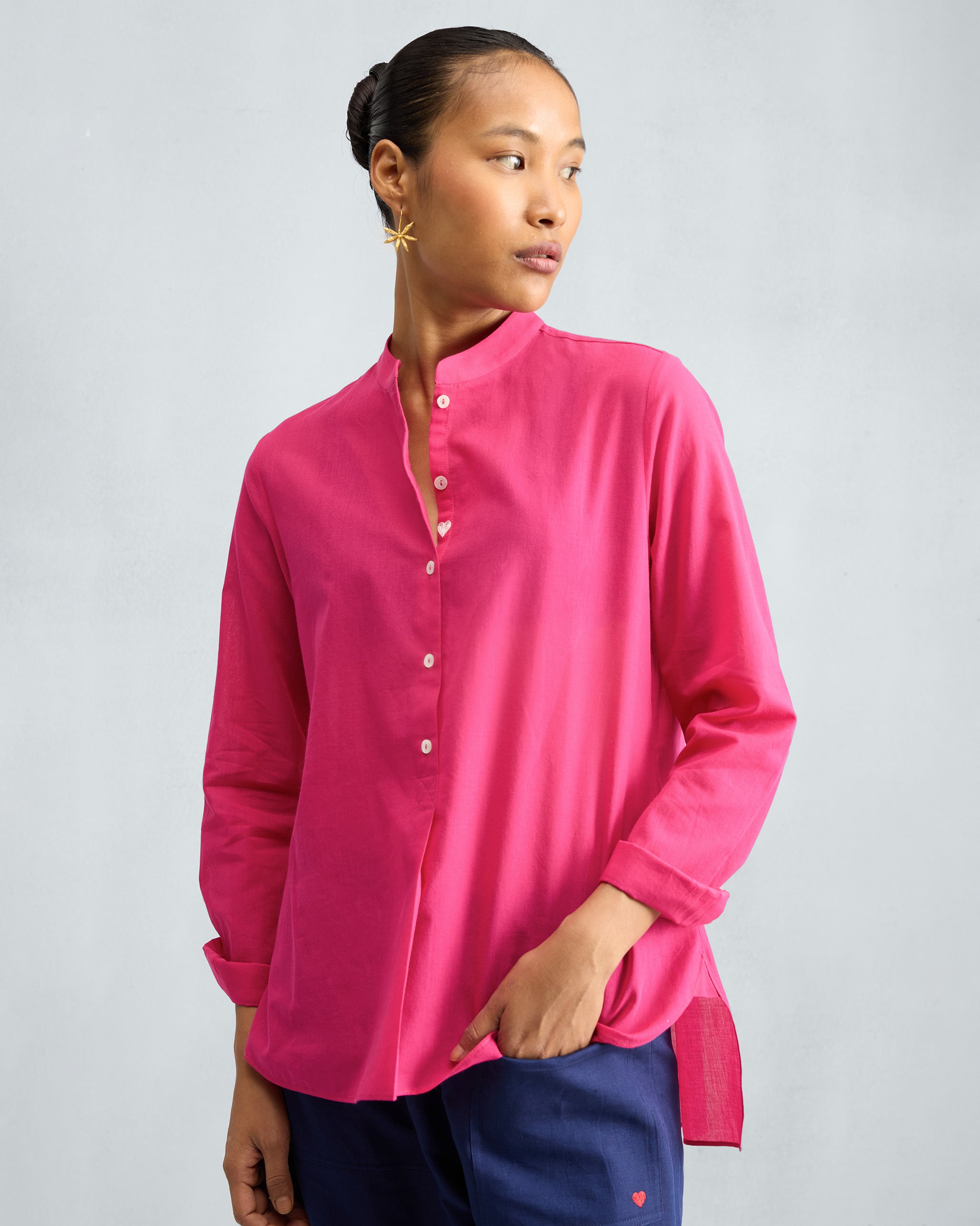 Mandarin Collar Top - Fuchsia