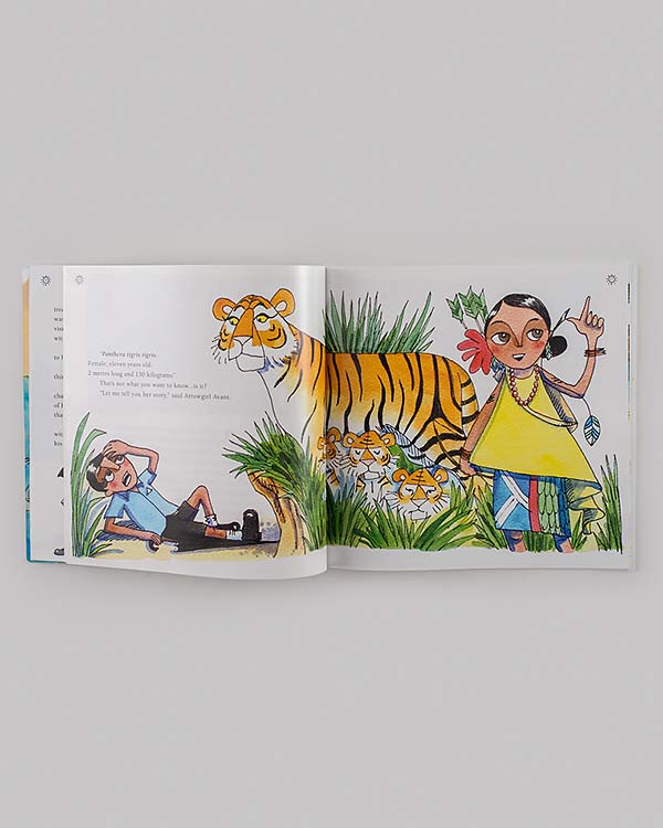 Open book spread with a striped tiger and a character in a yellow dress in tall grass.