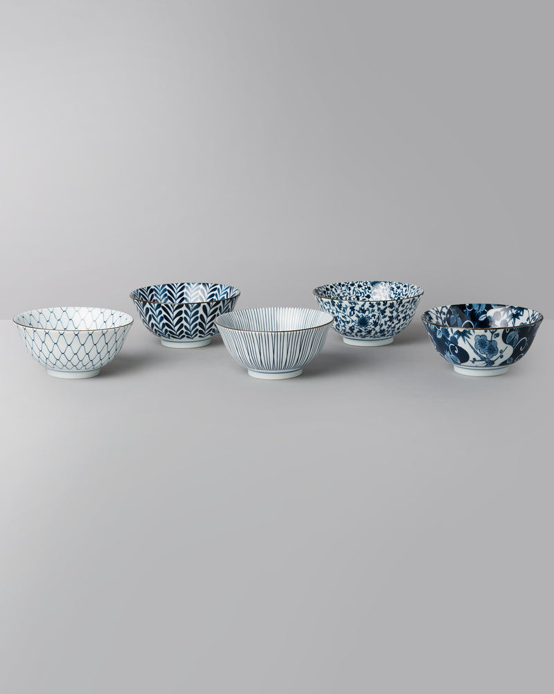 Set of five Aiiro Dessert Bowl in different blue and white patterns.