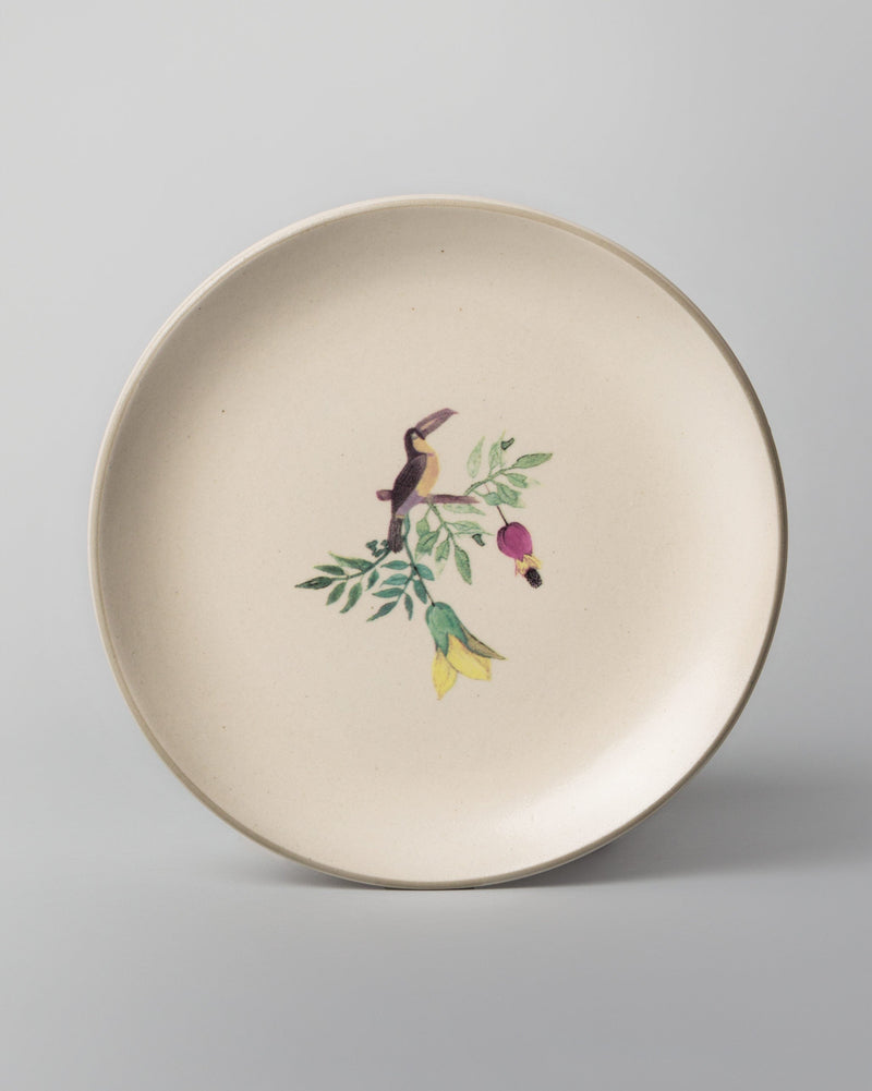 Nakano Quarter Plate with a toucan and bell flower motif in its centre.