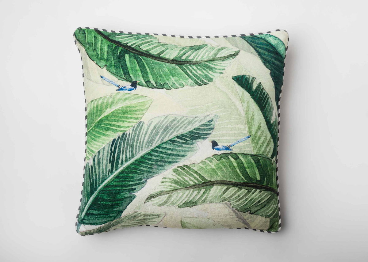 Banana Leaf Cushion Cover laid flat, showing its banana leaf print.
