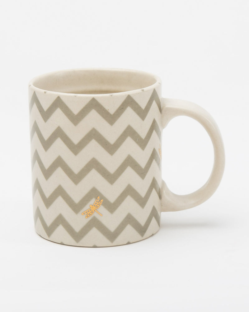 Lily Pond Chevron Mug with grey chevron stripes and a small gold dragonfly.