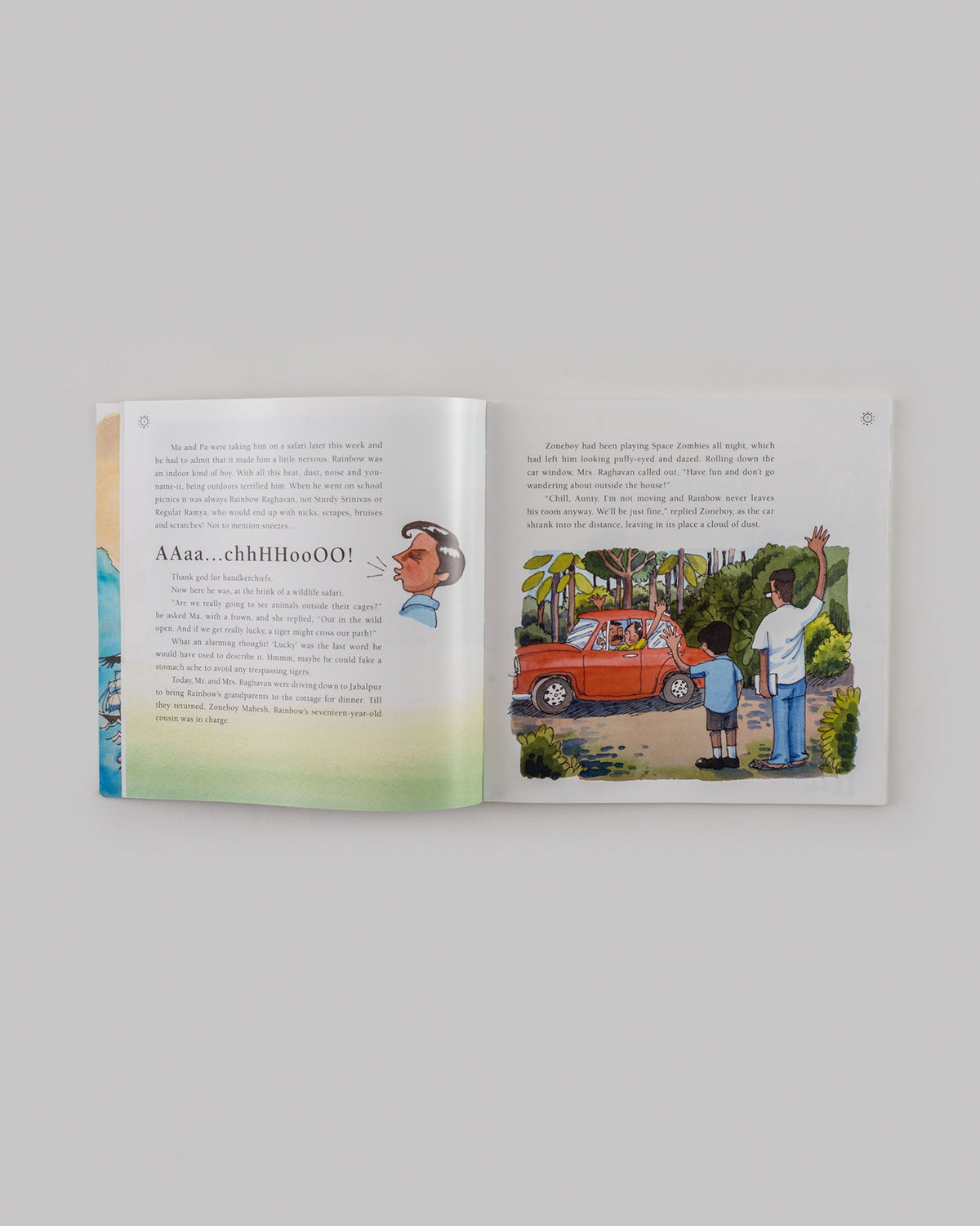 Open book spread with a red car and two characters waving on a road.