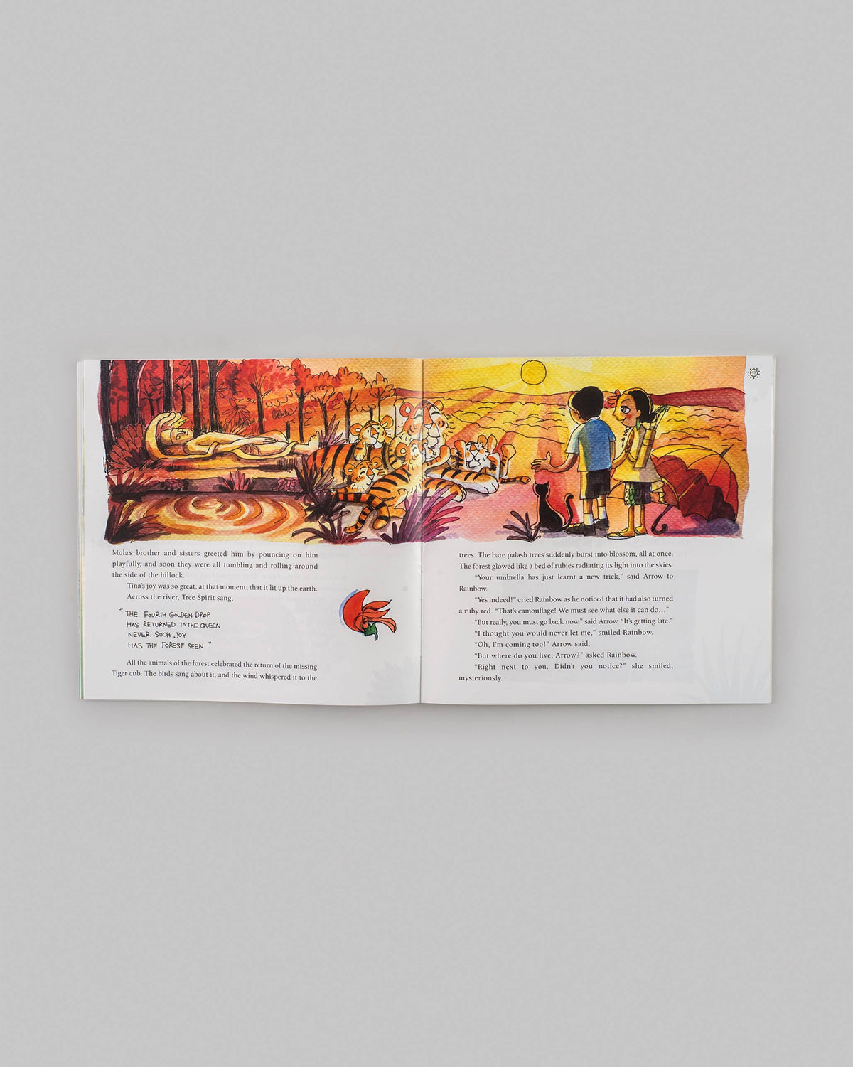 Open book spread with tigers at sunset and two characters watching.
