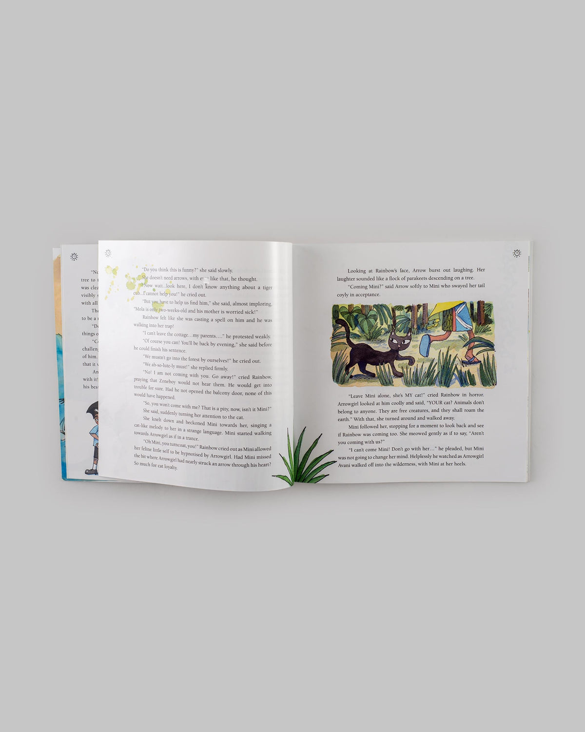 Open book spread showing a black cat in tall grass beside two characters.