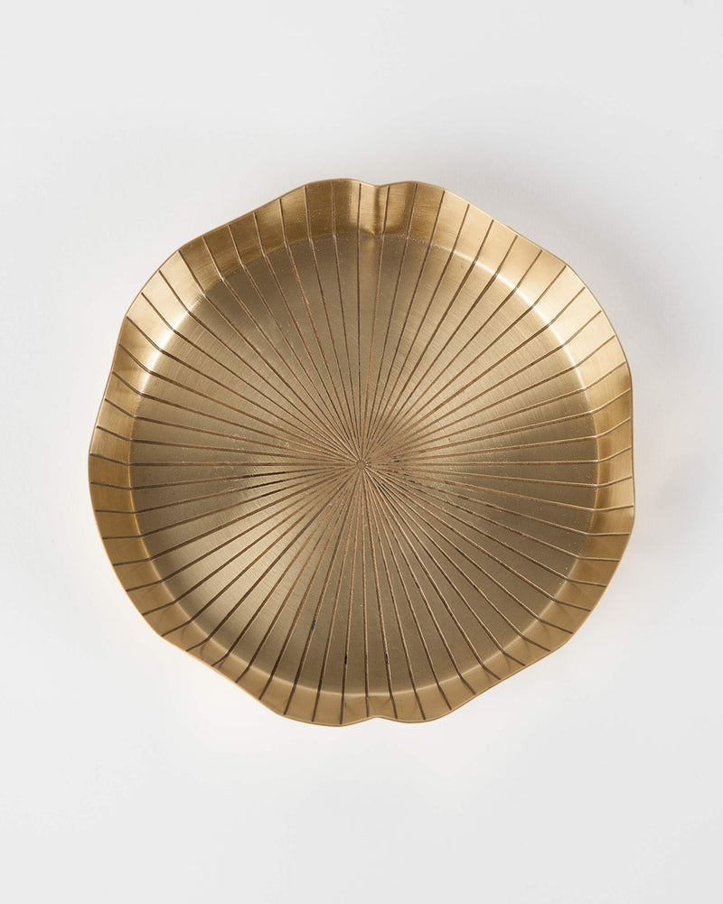 Lotus Leaf brass dessert plate with a ridged, scalloped edge.