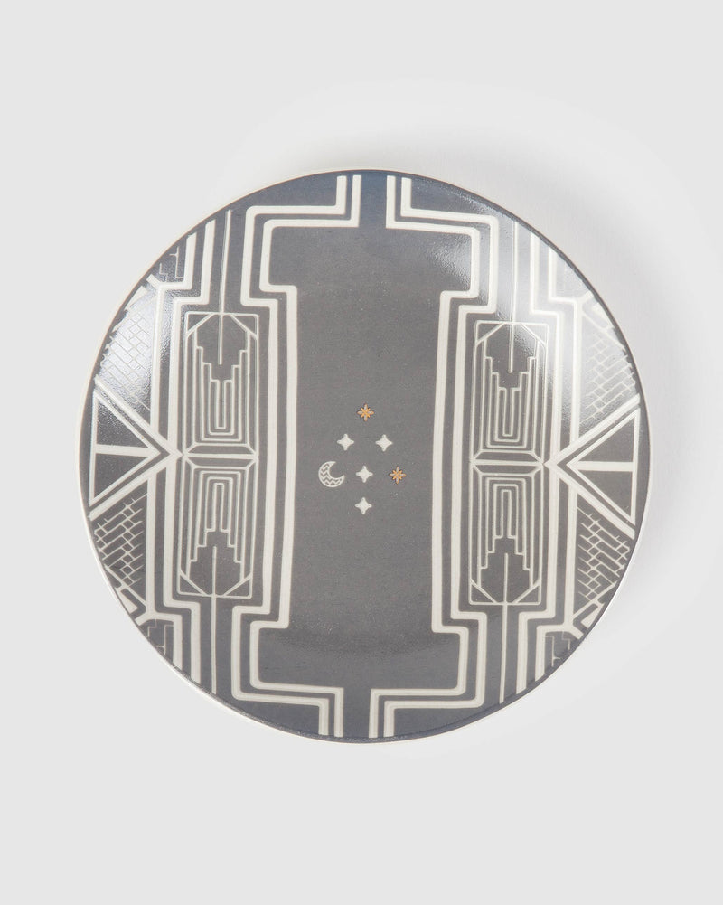 Chand Sitara Tapas Plate in grey with a white geometric pattern and gold stars and a moon.