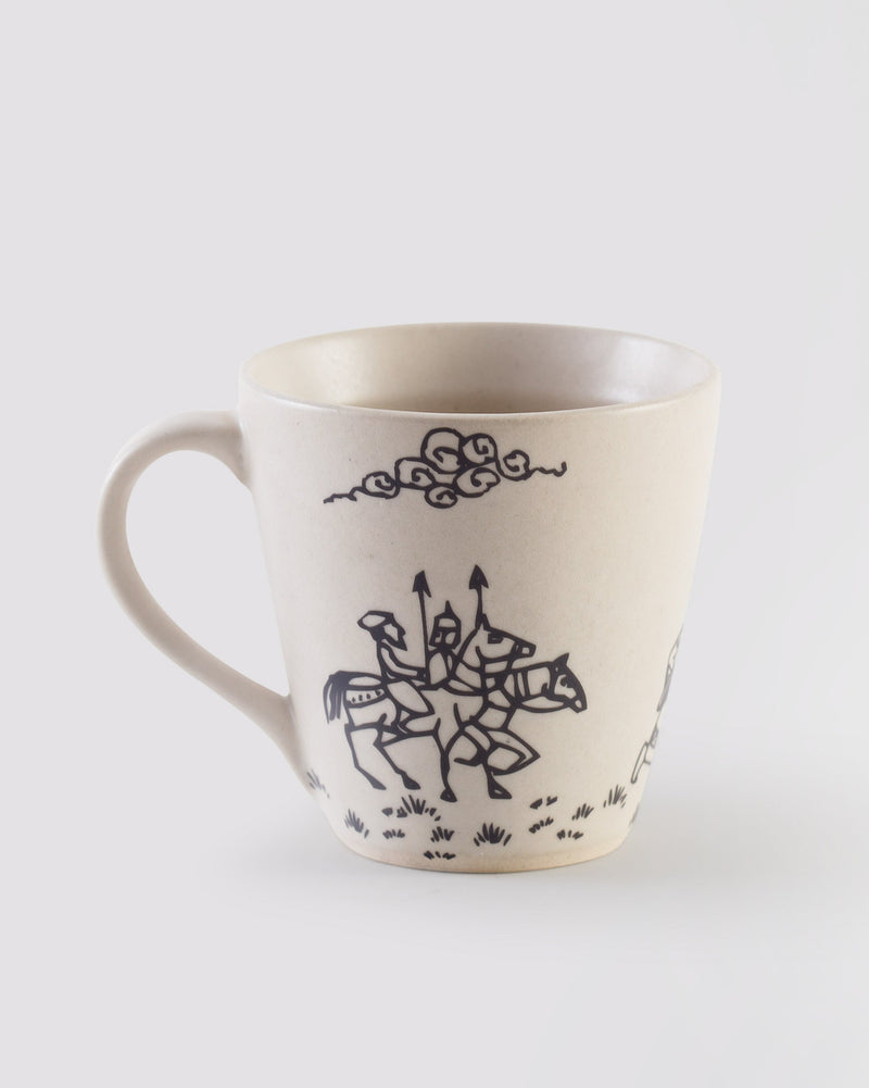 Pazhani Mug with horsemen and a cloud motif in dark grey.