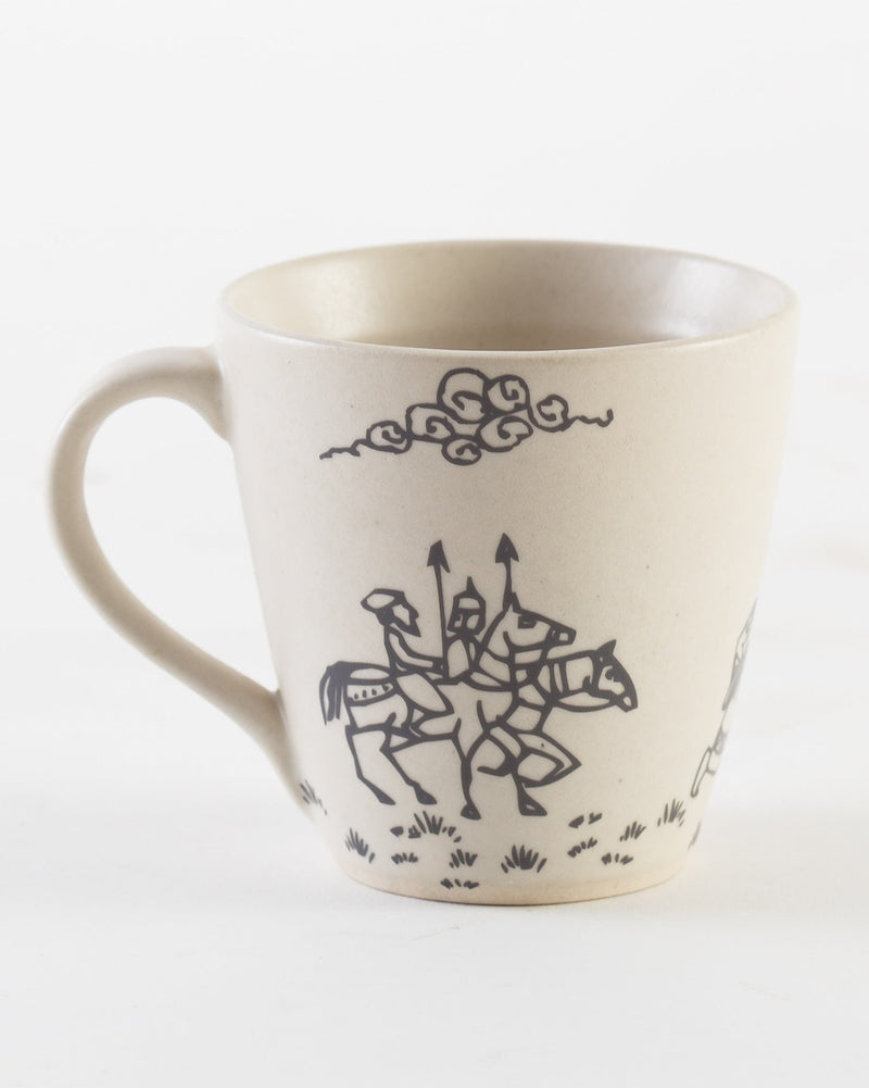 Pazhani Fort Mug with horsemen and a cloud motif in dark grey.