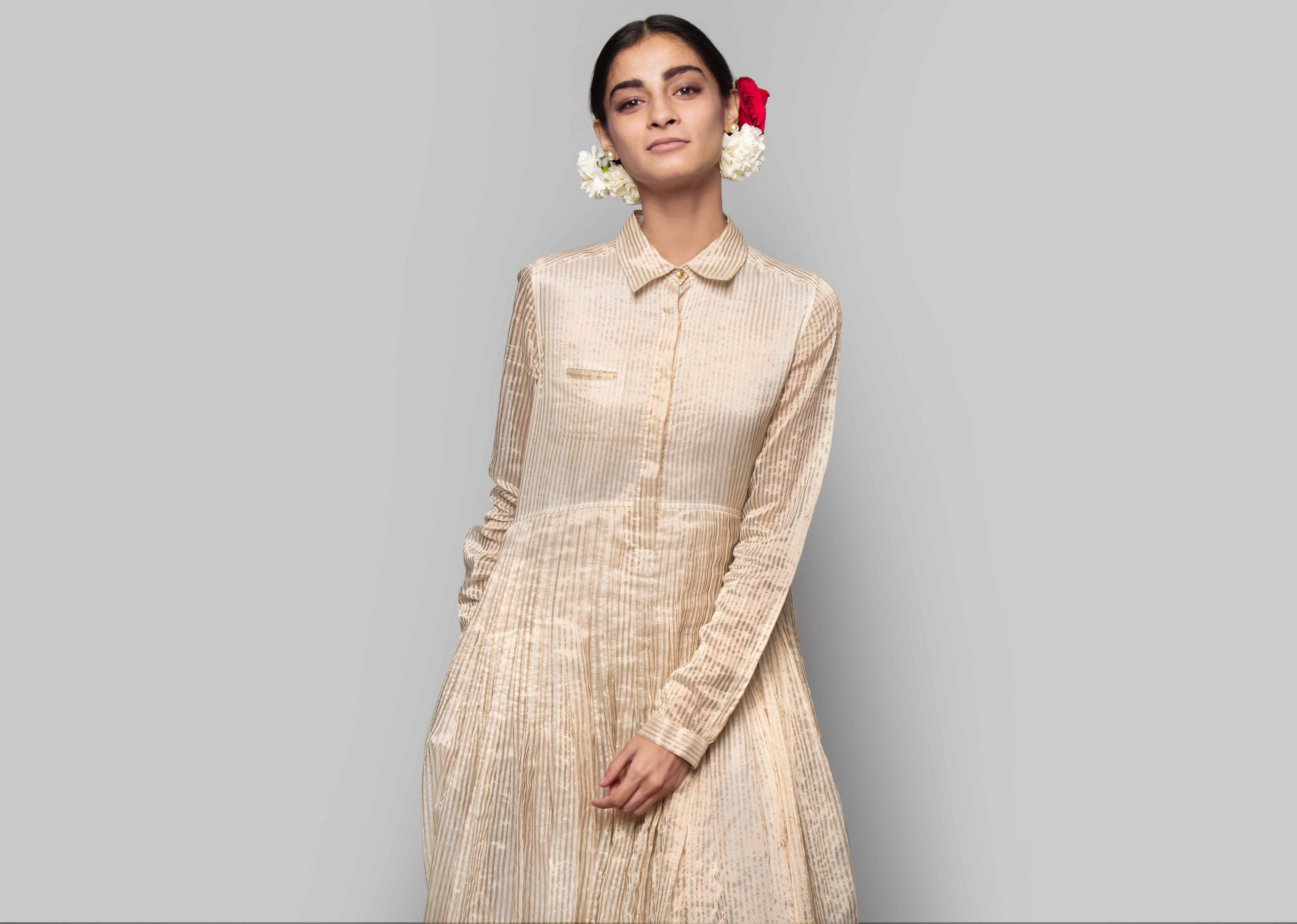 Stella Chanderi Dress - Ivory & Gold