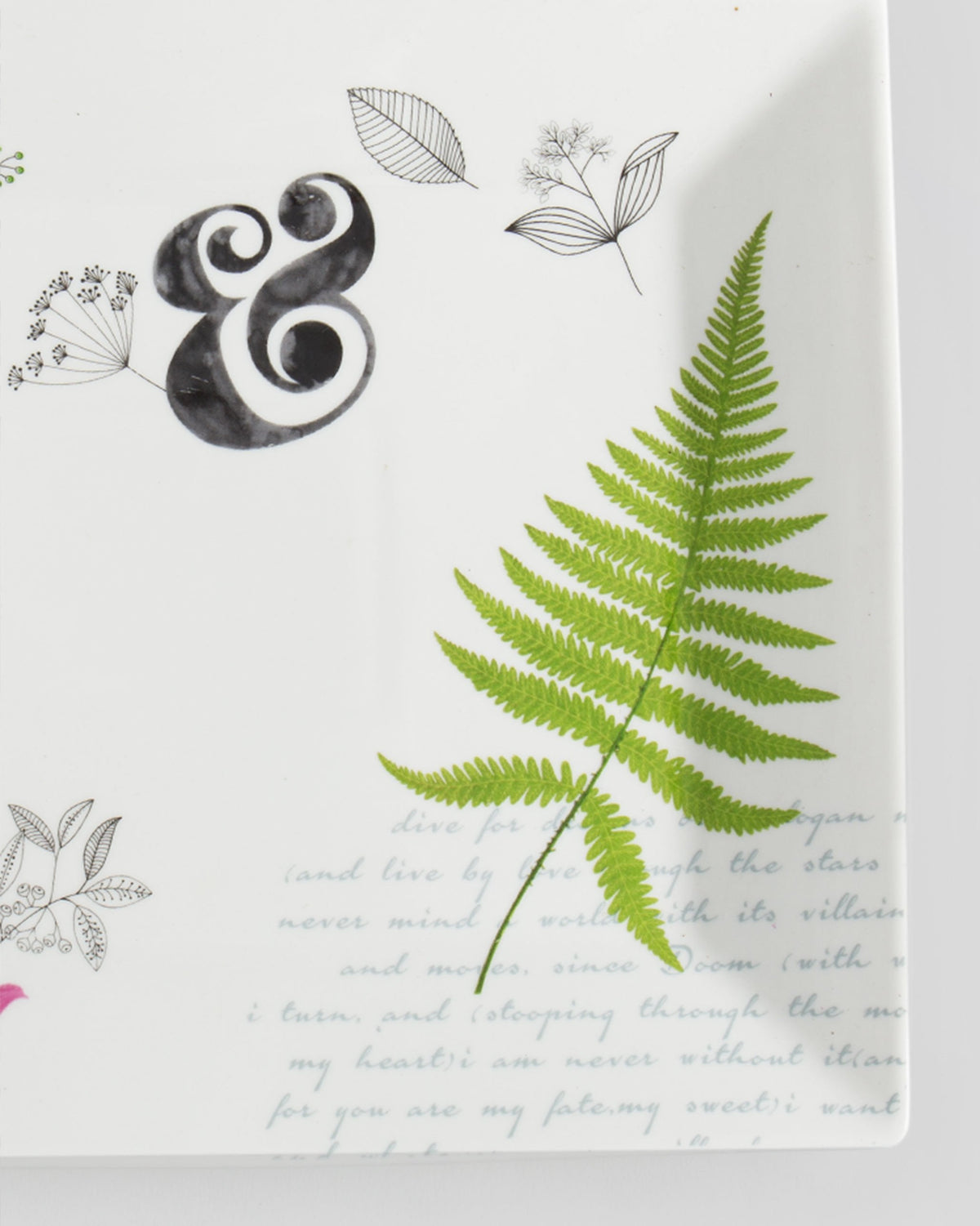 Close-up of Flora Fauna Rectangular Platter showing a fern and leaf motifs.