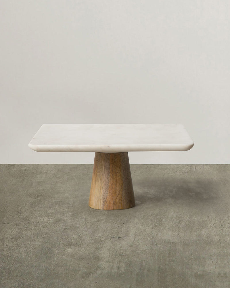 Marble & Wood Cake Stand - Small with a white marble top on a tapered wooden base.