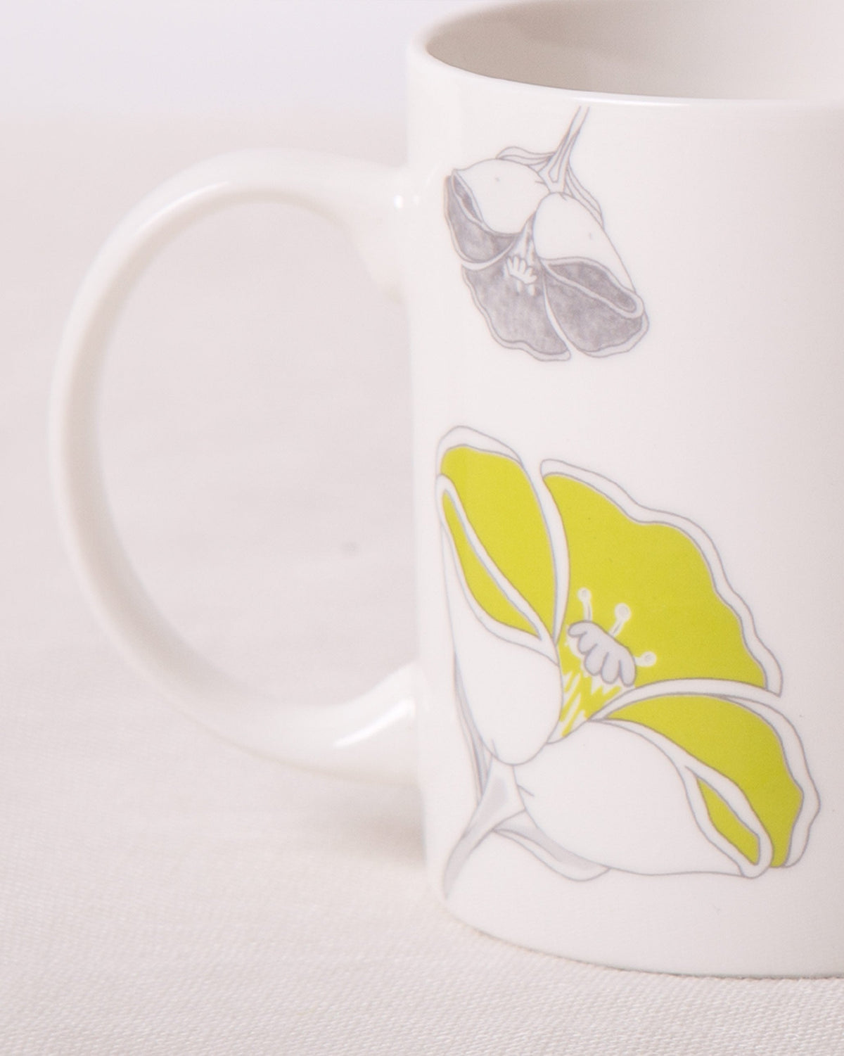 Close-up of Frangi Flower Mug showing a lime bloom and a grey flower.