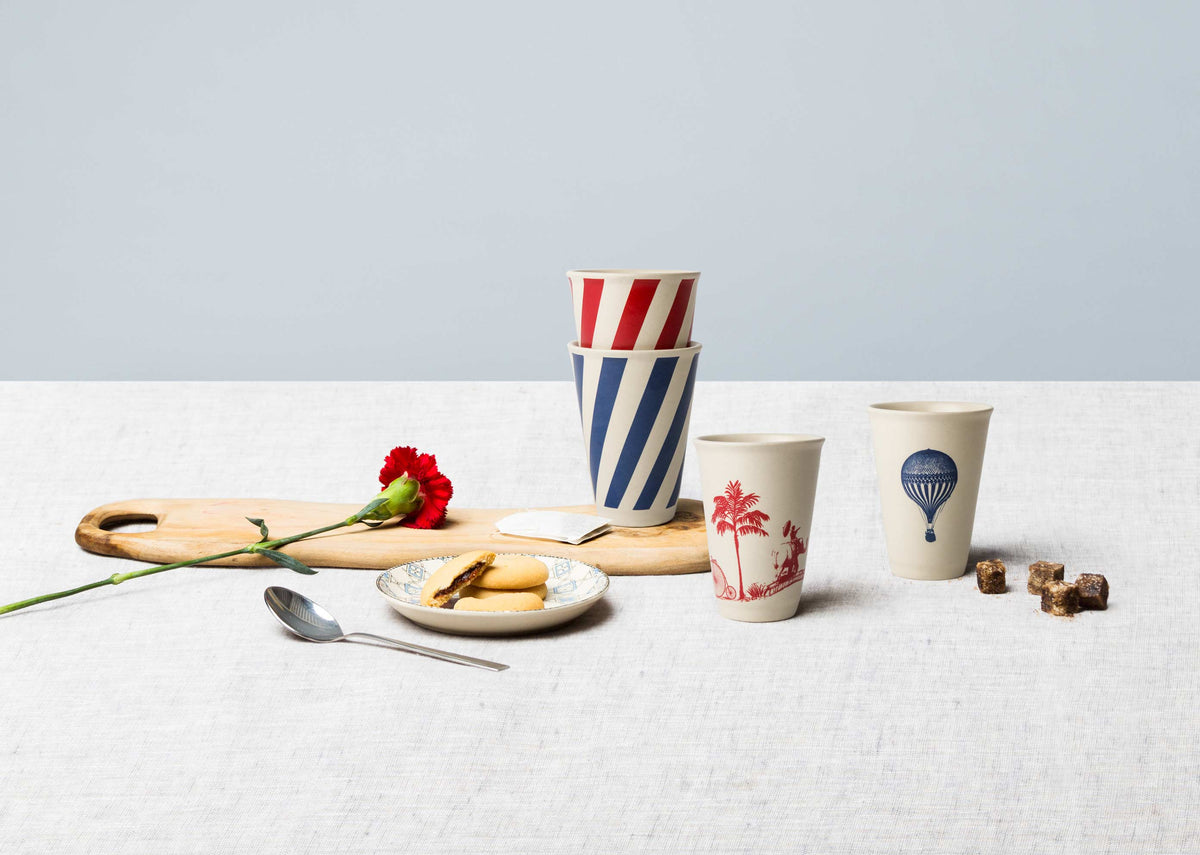 Candy Circus Kulhar cups with red and blue stripes, a palm print and a balloon print.