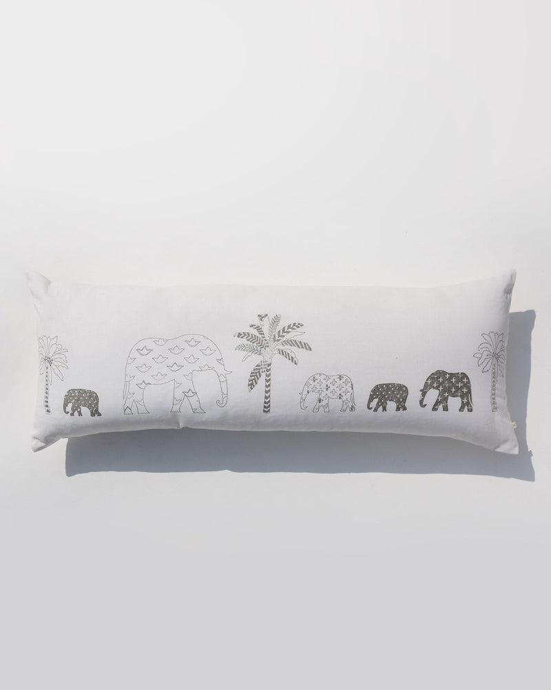 Ele Palm Pillow Cover with grey elephants and palm trees on white.