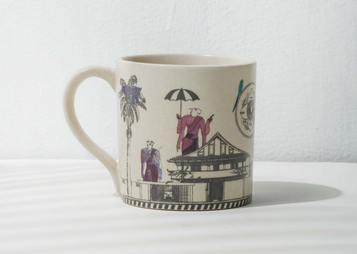 Side view of Amman Mug showing a pavilion, an umbrella and a figure.