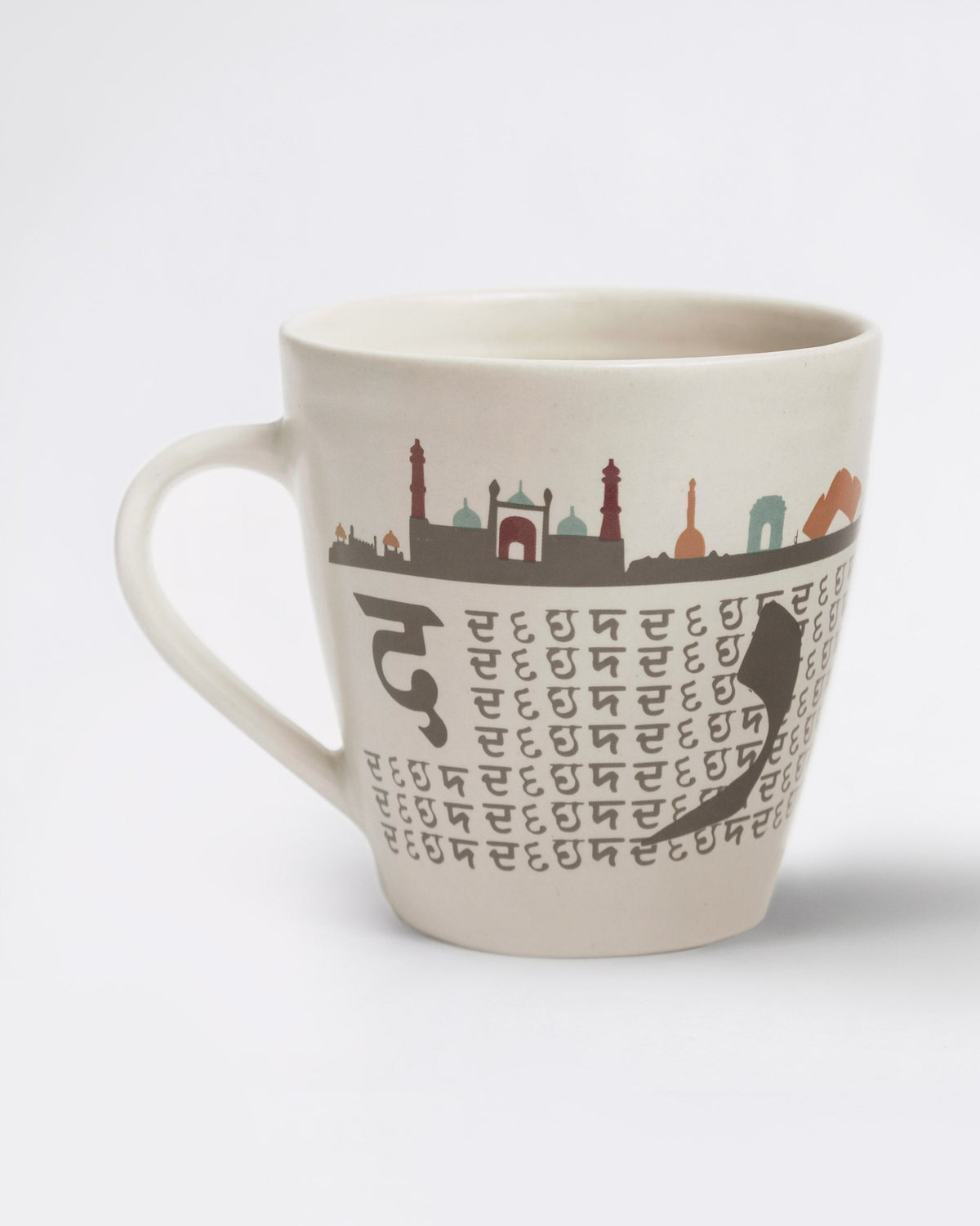 Side view of Alphabet D Mug with a city skyline print and rows of lettering.