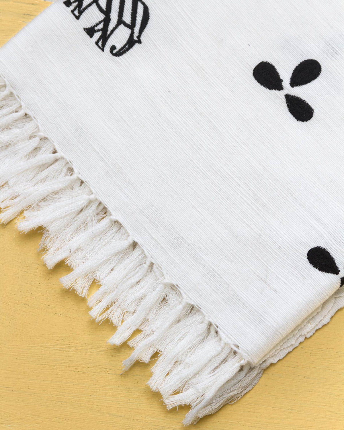 Close-up of Colombo Throw - White showing its fringed end and black motifs.