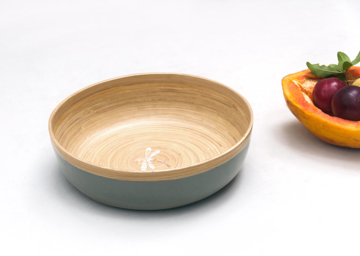 Bamboo Rice Bowl in sage green on a white surface.