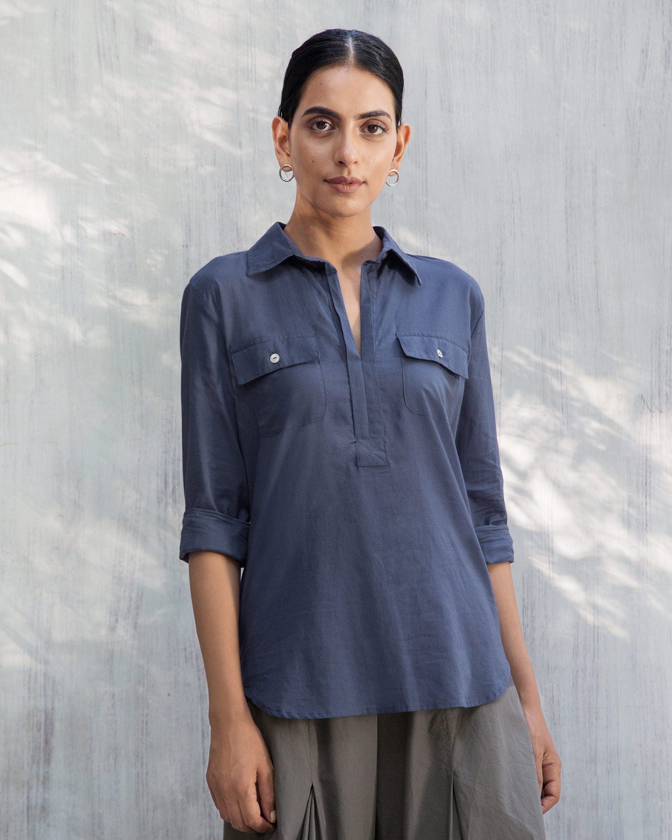 Open Collar Top - Indigo