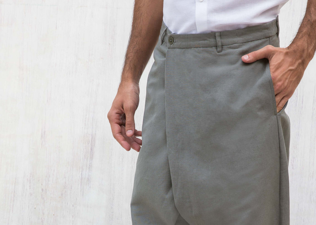 Close-up of Slouchy Pants showing a front button fastening and side pocket.