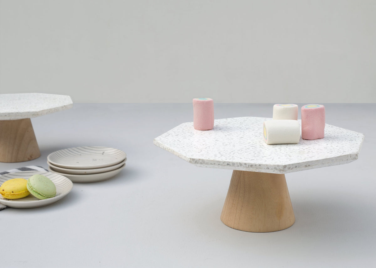 Colombo Cake Stand - Large with pink and cream cups on its speckled top.
