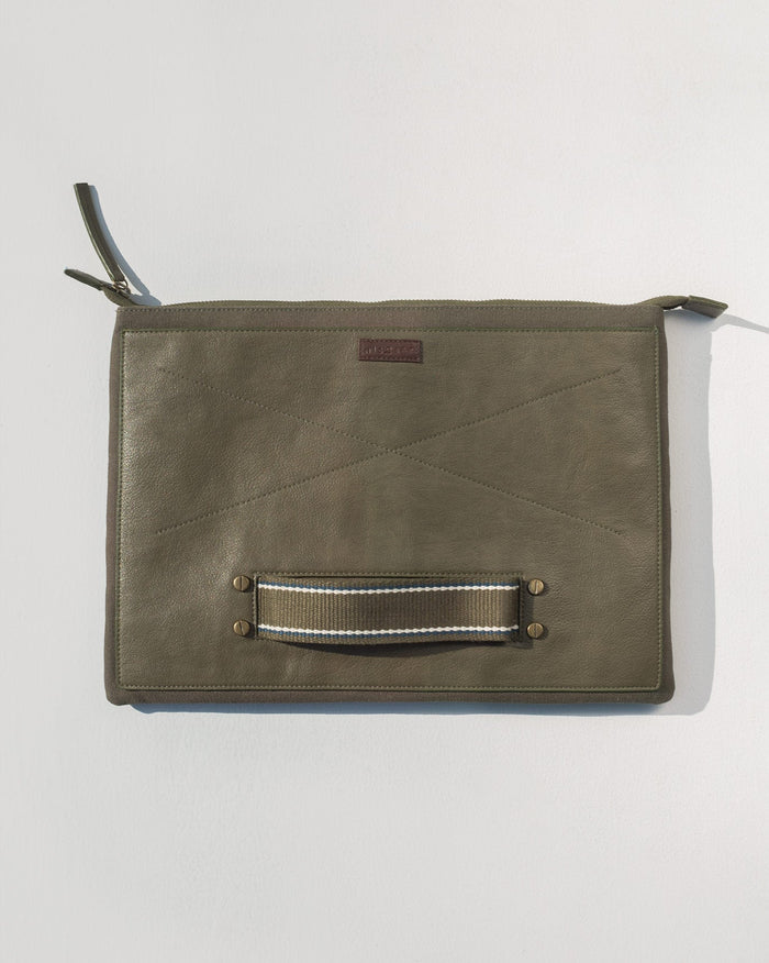 On The Go folio in olive, with a striped canvas handle and brown leather tag.
