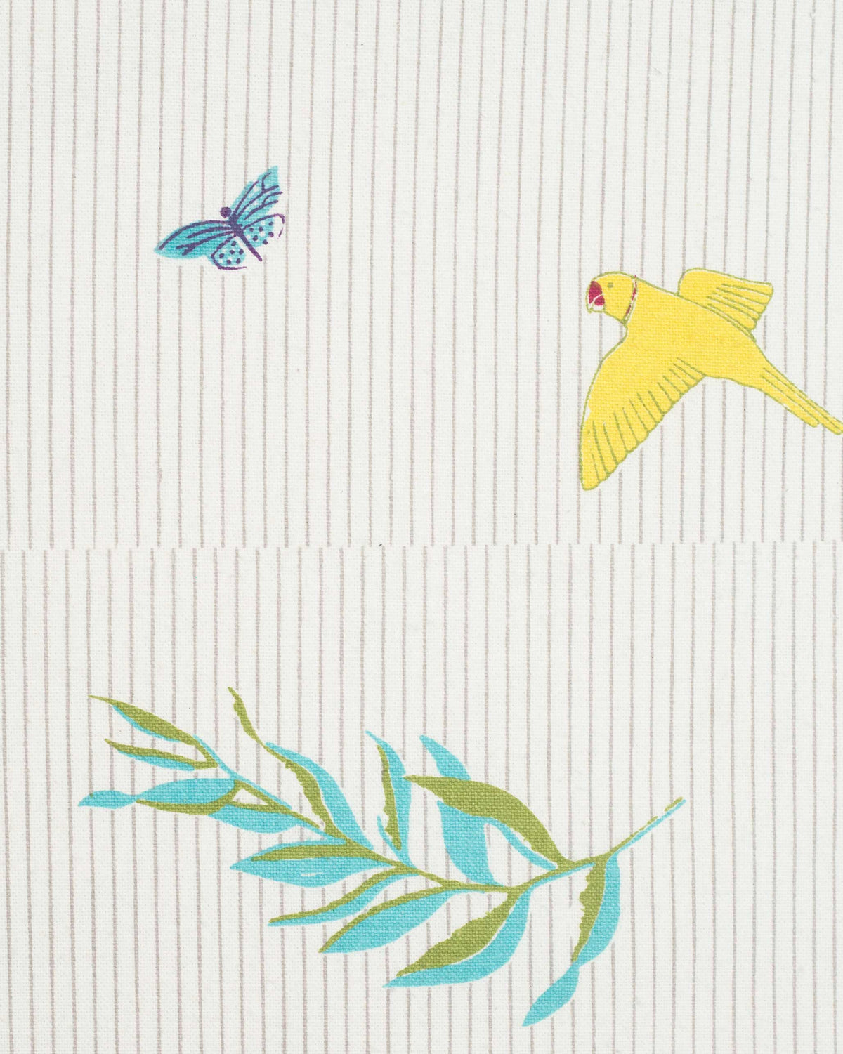 Close-up of Botanical Bed Cover showing a yellow bird and leaf print.