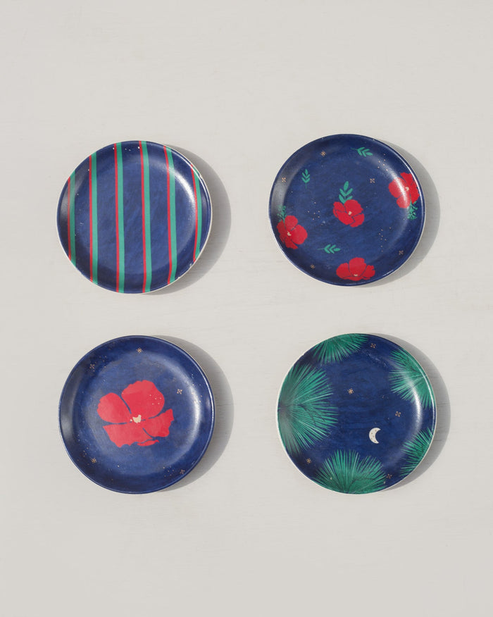 Wonderland Tea Plate (Set of 4) with stripes, red flowers and palm leaves on navy.