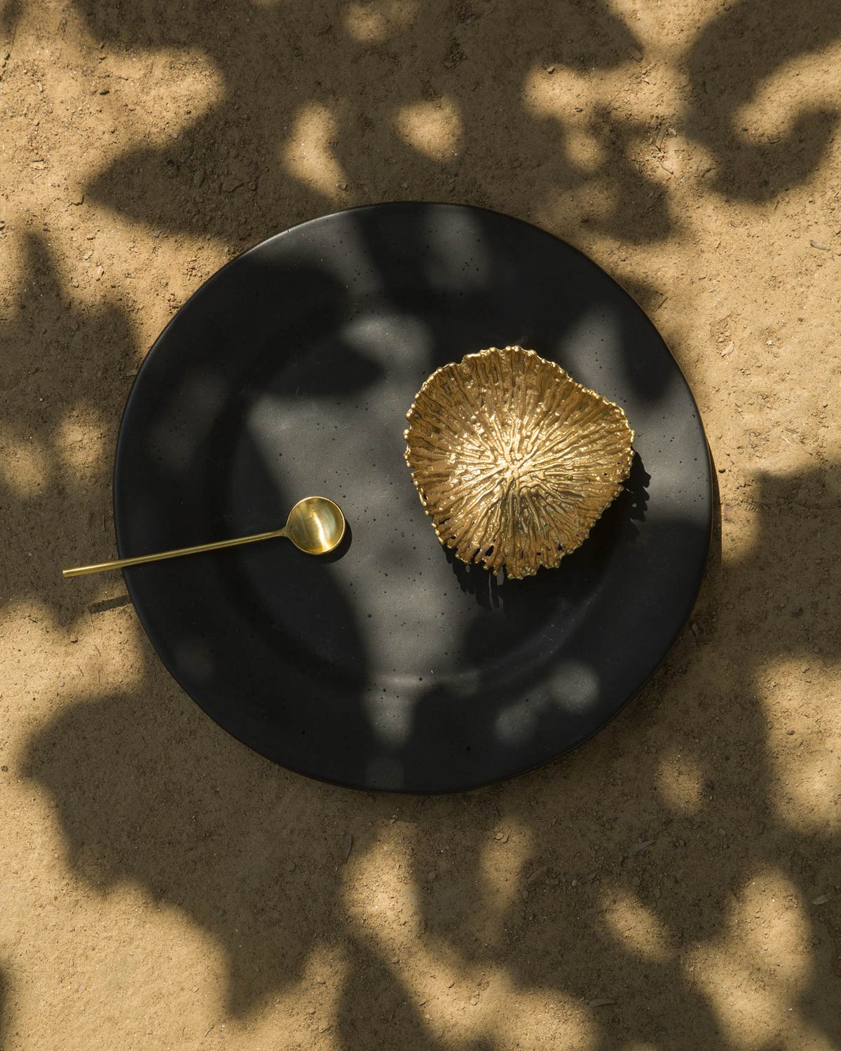 Desert Dusk Dinner Plate in black in a shadowed styled setting.