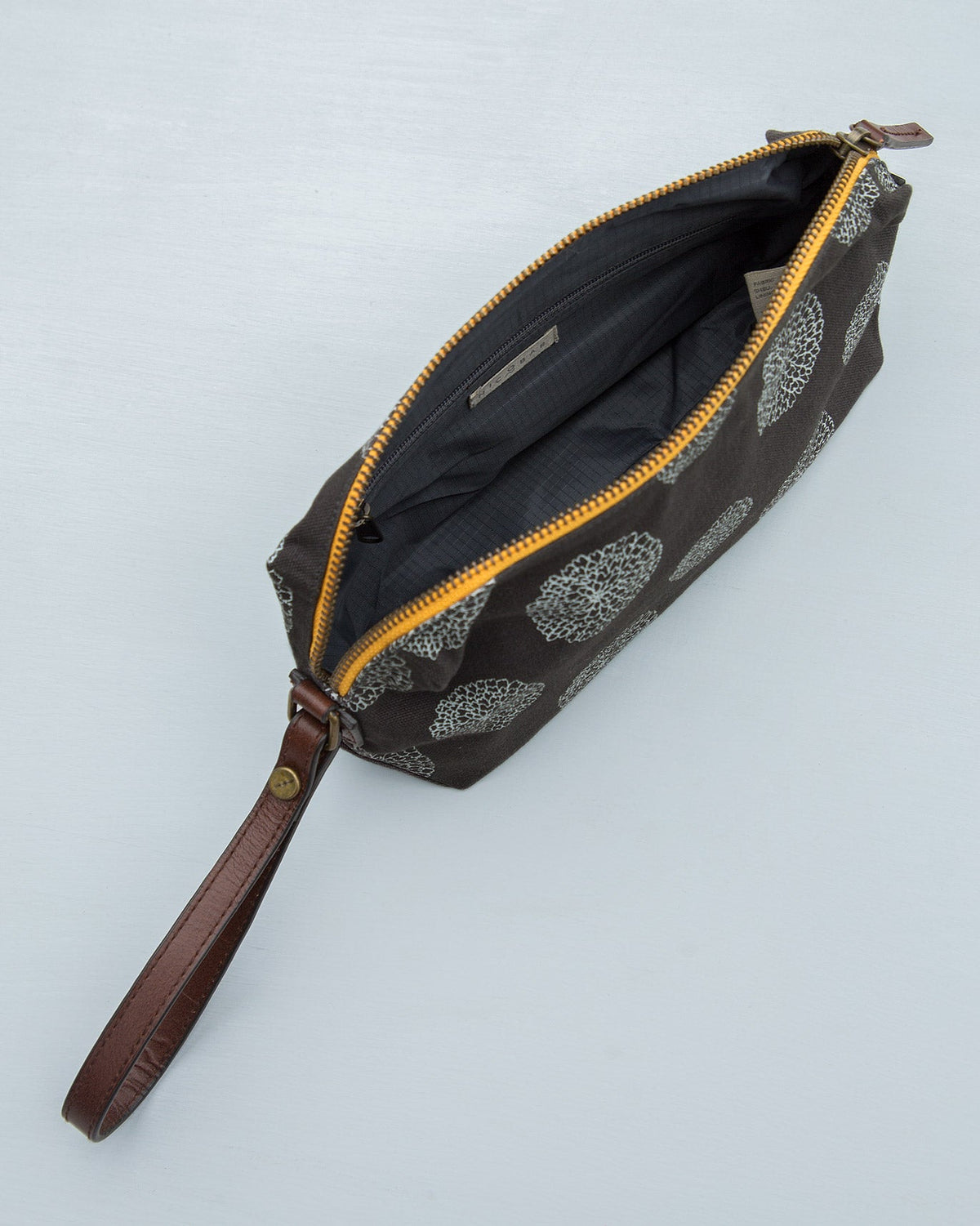 Open Marigold Make-Up Pouch showing its grey lining and yellow zip.