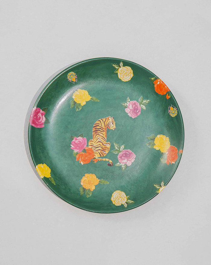 Tigress Quarter Plate in green with a tiger and roses.