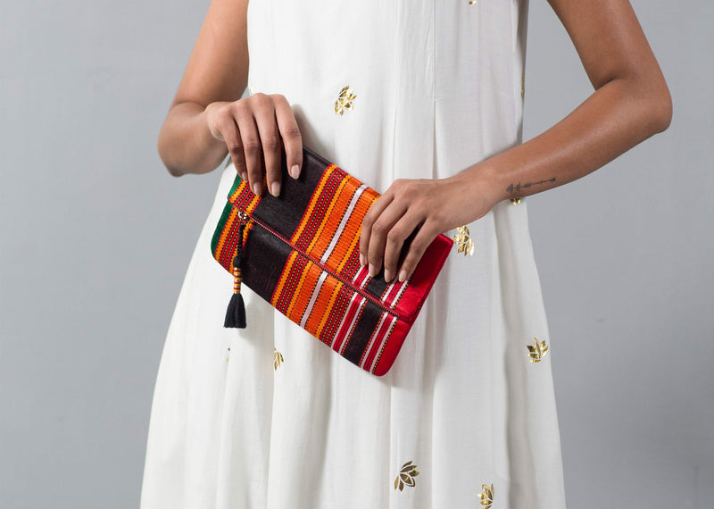 Fold Over Stripe Clutch - Red & Brown