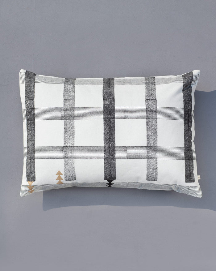 Check Stripe Lumbar Pillow Cover in black and white, shown flat from above.