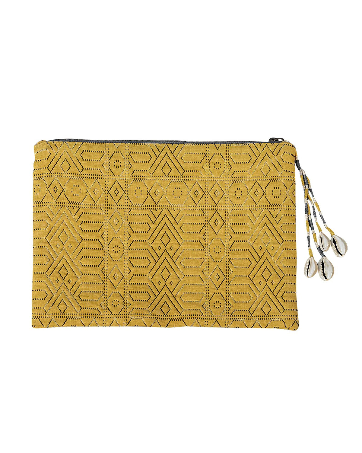 Jumbo Jacquard Pouch in yellow on a white background, with a cowrie tassel.