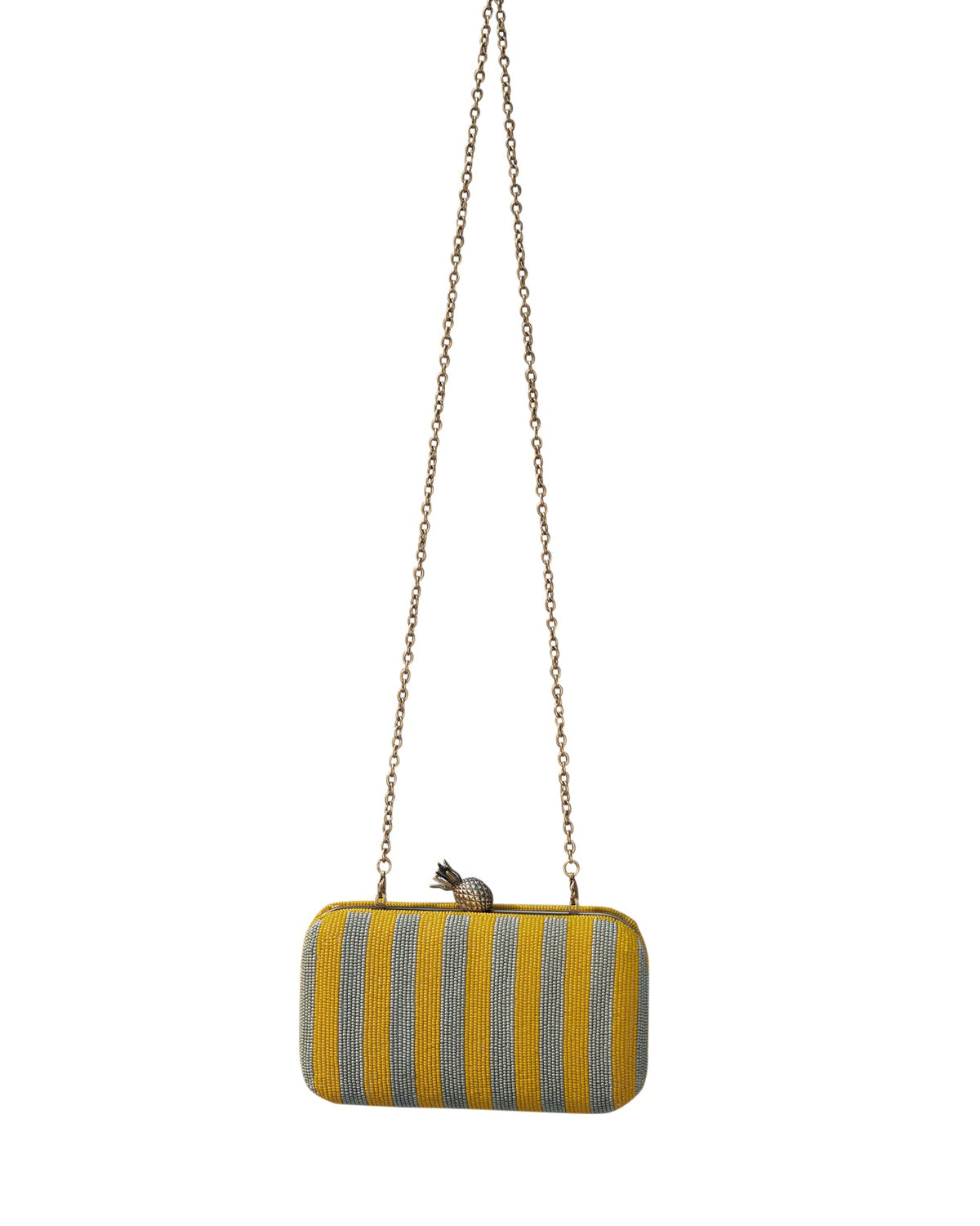 Ananas clutch in yellow and grey stripes on a plain white background.