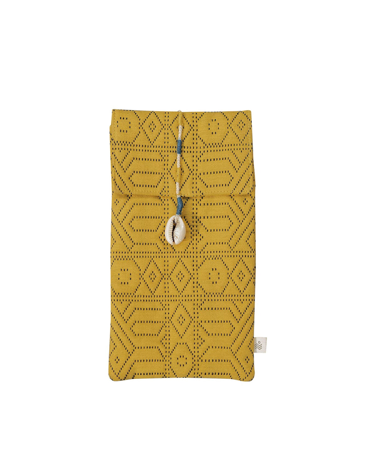 Yellow Jacquard Spectacle Case with a cowrie shell tie on a white background.