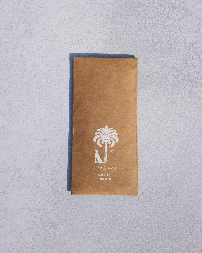 Brown kraft Madurai incense sleeve with a white palm and cheetah mark, pack of 30.