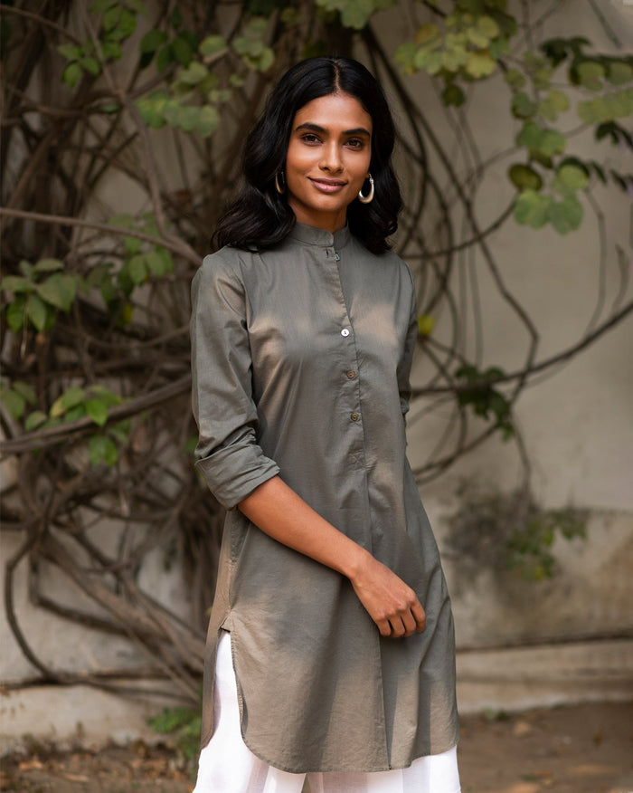 Person wearing a grey Basic Mid Length Kurta with a band collar.