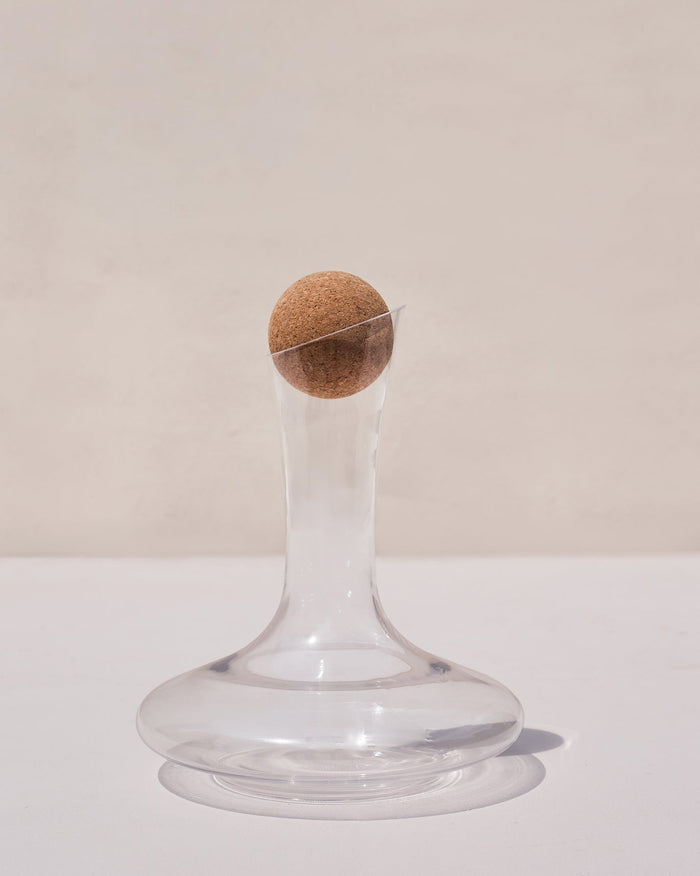 Ukiyo Wine Decanter with a round cork stopper in its neck.