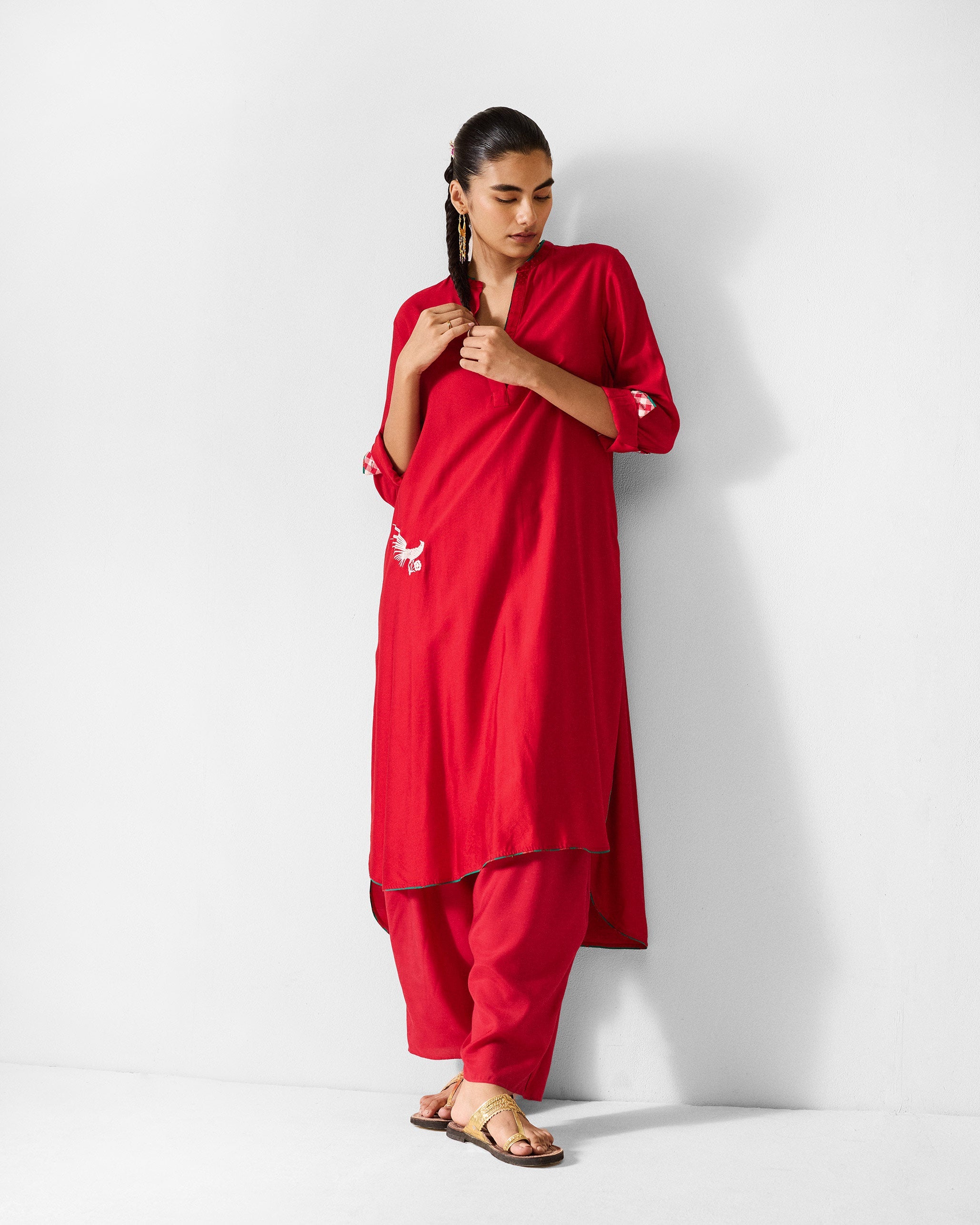 The Chaand Kurta Set- Red & Ivory