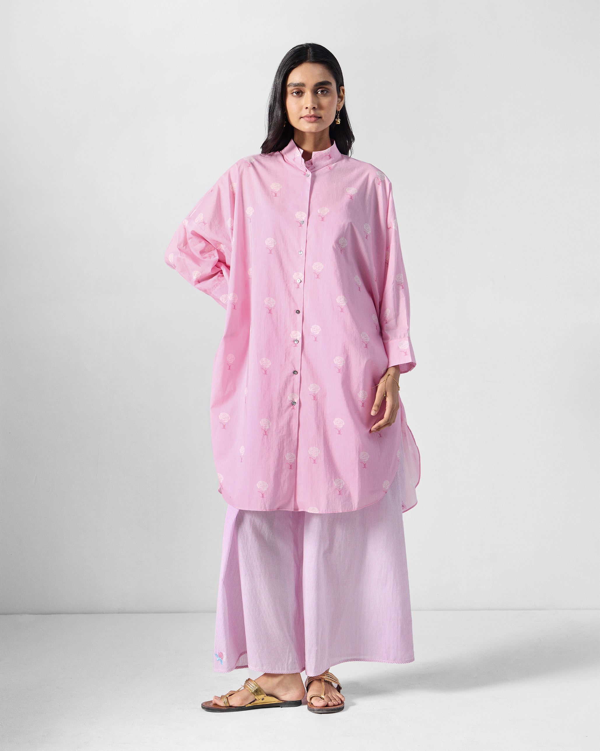The Raha Slit Back Tunic Set - Pink & White